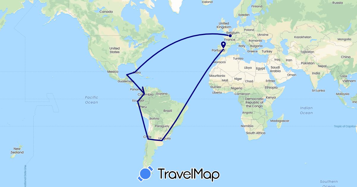 TravelMap itinerary: driving in Argentina, Chile, Colombia, Cuba, Ecuador, Spain, France, Mexico, Peru (Europe, North America, South America)