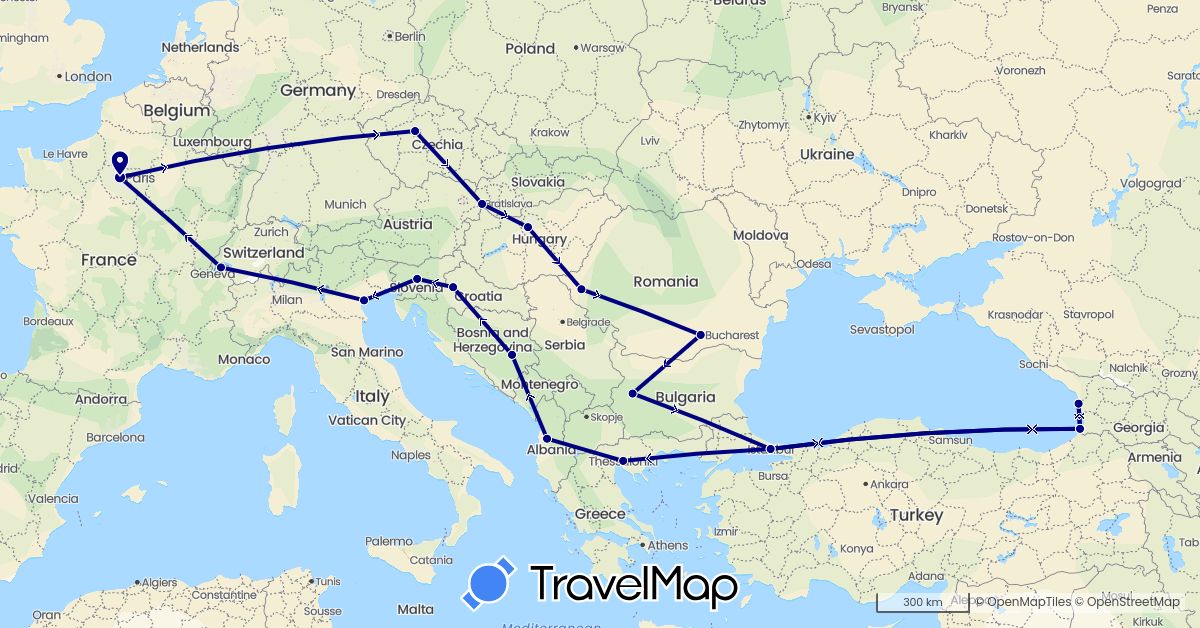 TravelMap itinerary: driving in Albania, Bosnia and Herzegovina, Bulgaria, Czech Republic, France, Georgia, Greece, Croatia, Hungary, Italy, Romania, Slovenia, Slovakia, Turkey (Asia, Europe)